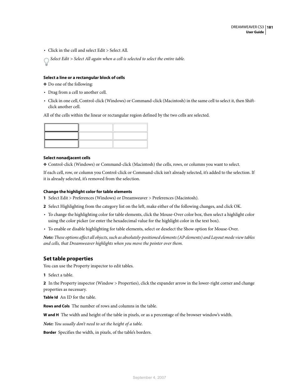 Set table properties | Adobe Dreamweaver CS3 User Manual | Page 188 / 738