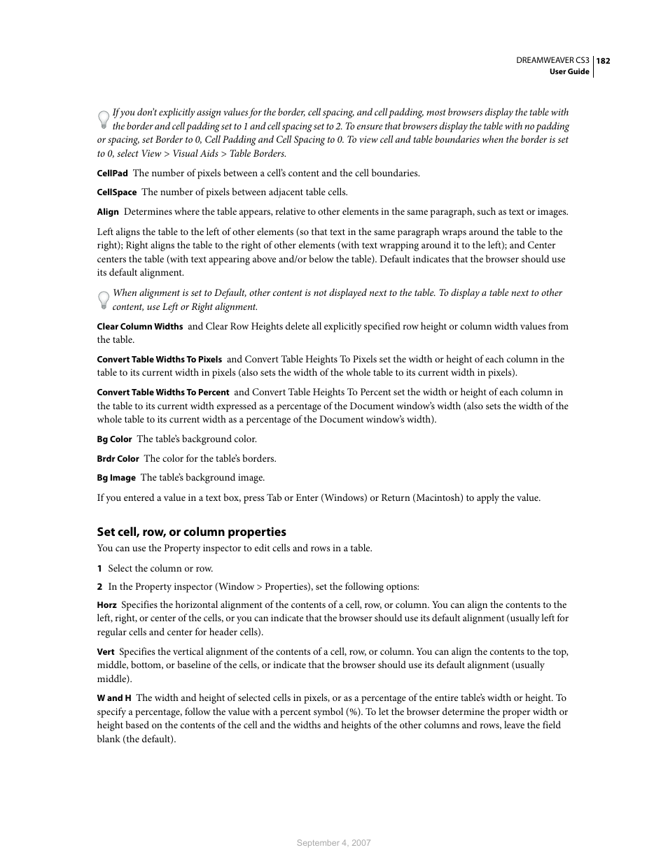 Set cell, row, or column properties | Adobe Dreamweaver CS3 User Manual | Page 189 / 738