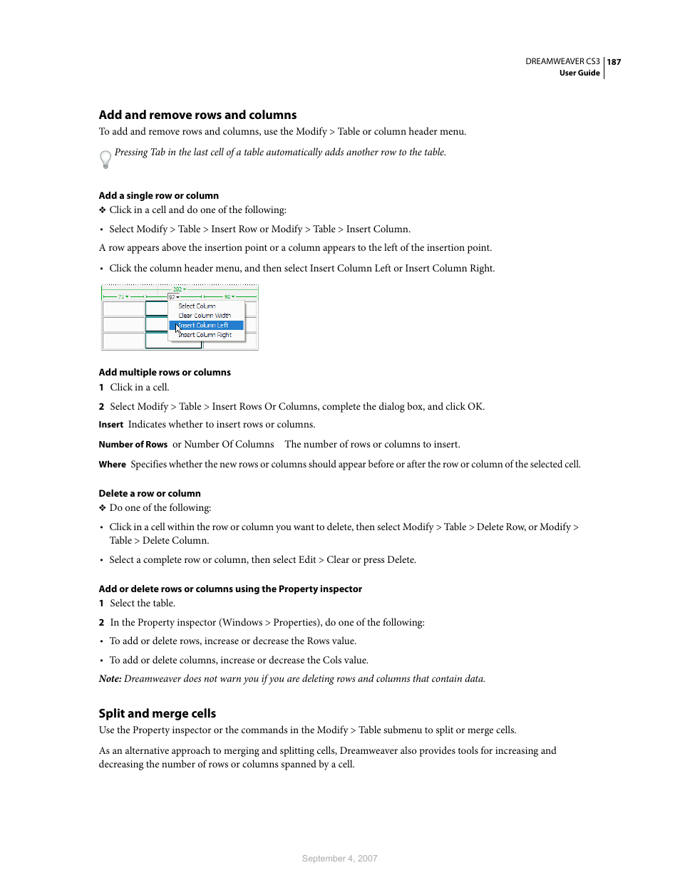 Add and remove rows and columns, Split and merge cells | Adobe Dreamweaver CS3 User Manual | Page 194 / 738