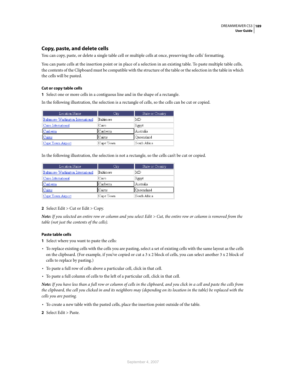 Copy, paste, and delete cells | Adobe Dreamweaver CS3 User Manual | Page 196 / 738