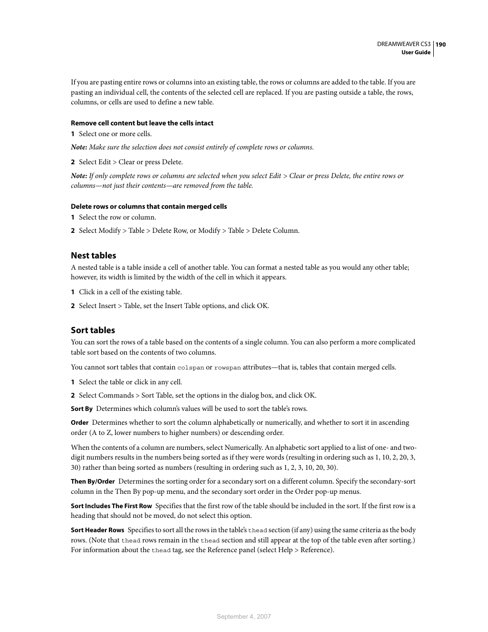 Nest tables, Sort tables | Adobe Dreamweaver CS3 User Manual | Page 197 / 738