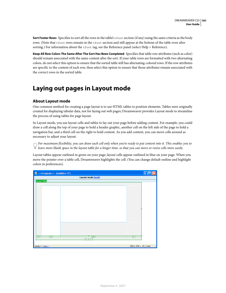 About layout mode, Laying out pages in layout mode | Adobe Dreamweaver CS3 User Manual | Page 198 / 738