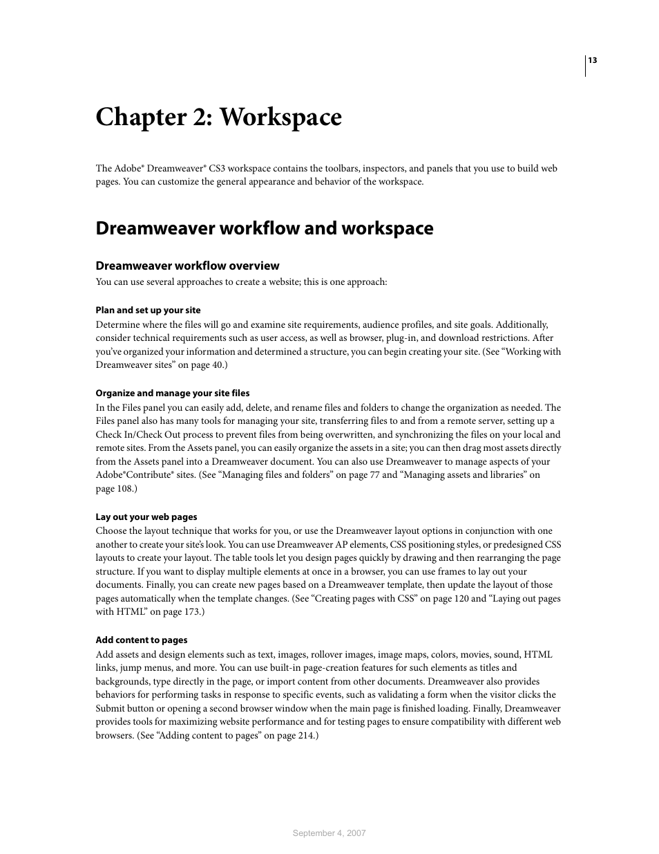 Chapter 2: workspace, Dreamweaver workflow and workspace, Dreamweaver workflow overview | Adobe Dreamweaver CS3 User Manual | Page 20 / 738