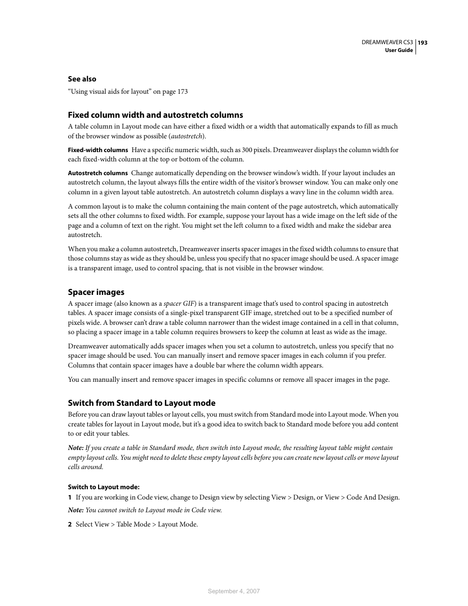 Fixed column width and autostretch columns, Spacer images, Switch from standard to layout mode | Adobe Dreamweaver CS3 User Manual | Page 200 / 738