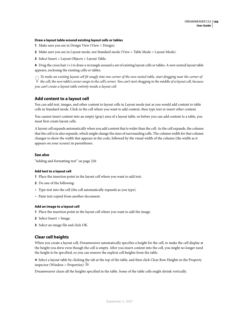 Add content to a layout cell, Clear cell heights | Adobe Dreamweaver CS3 User Manual | Page 203 / 738