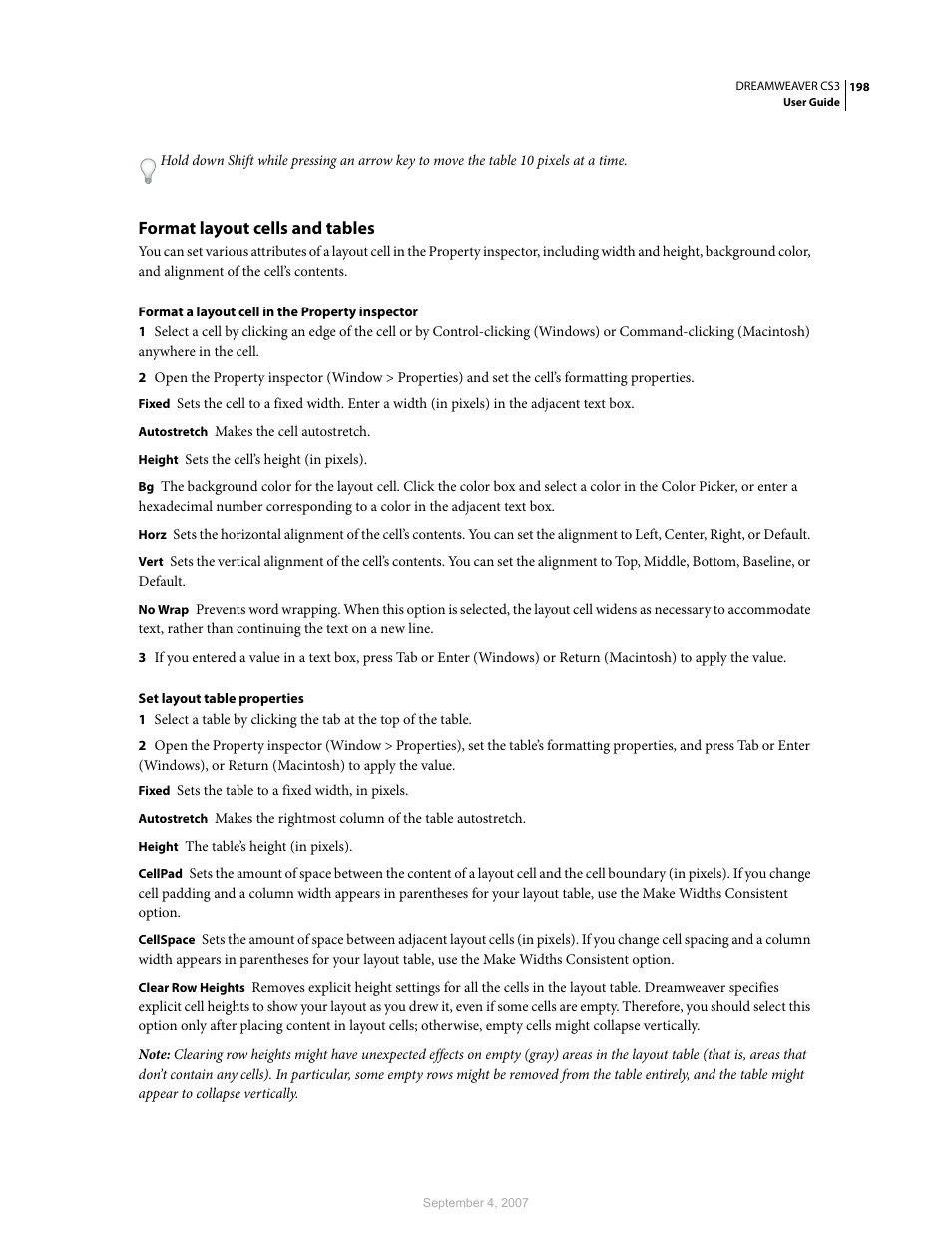 Format layout cells and tables | Adobe Dreamweaver CS3 User Manual | Page 205 / 738
