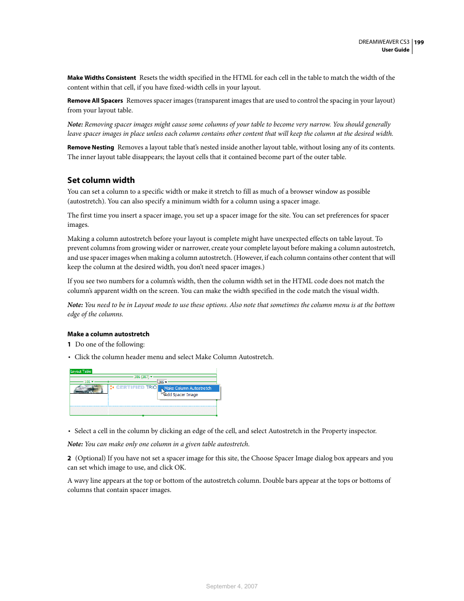 Set column width | Adobe Dreamweaver CS3 User Manual | Page 206 / 738
