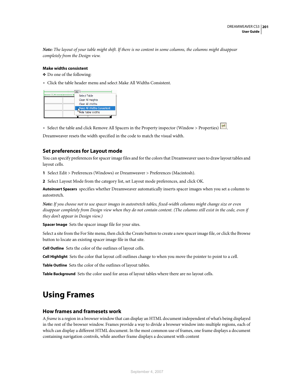 Set preferences for layout mode, Using frames, How frames and framesets work | Adobe Dreamweaver CS3 User Manual | Page 208 / 738