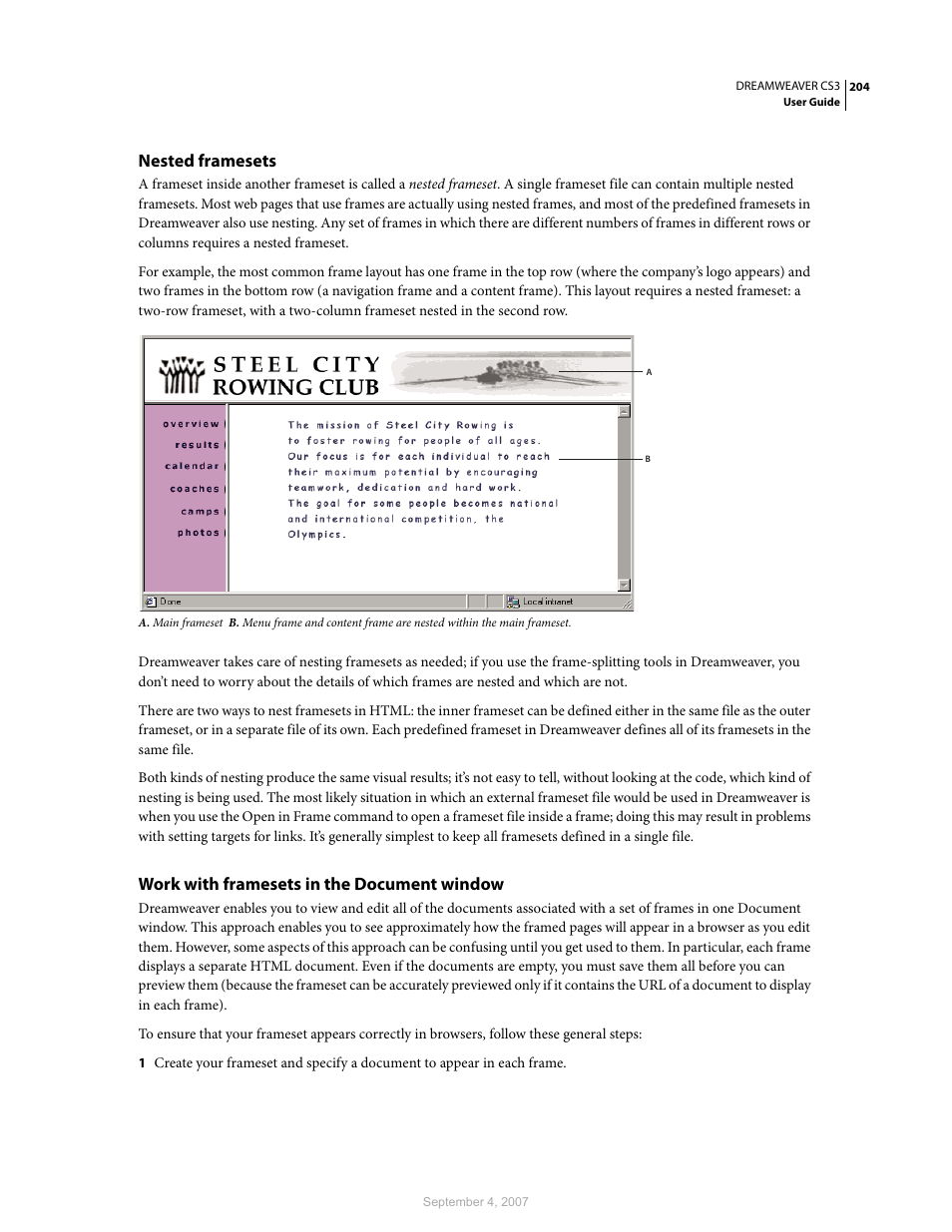 Nested framesets, Work with framesets in the document window | Adobe Dreamweaver CS3 User Manual | Page 211 / 738