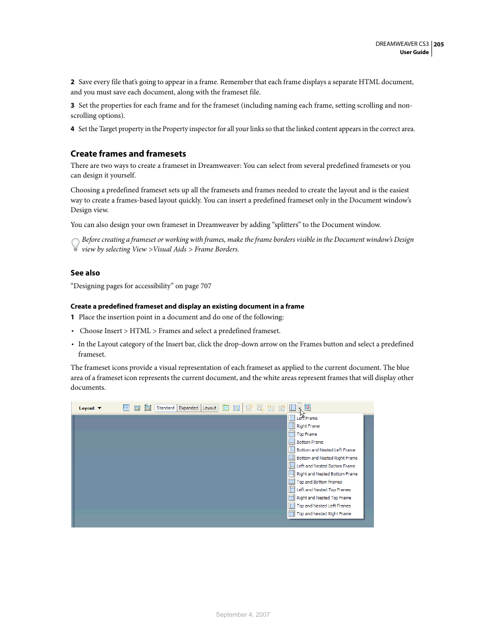 Create frames and framesets | Adobe Dreamweaver CS3 User Manual | Page 212 / 738