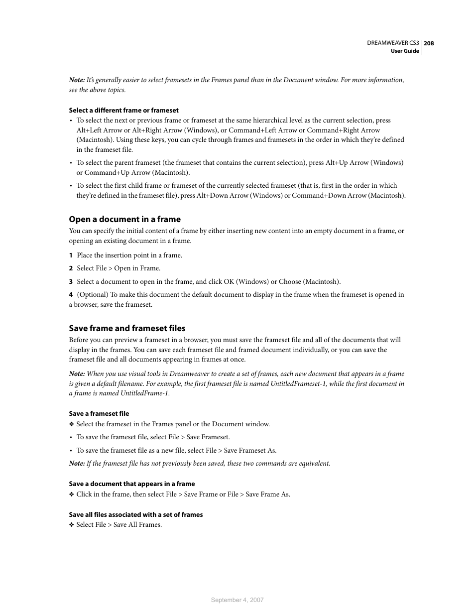 Open a document in a frame, Save frame and frameset files | Adobe Dreamweaver CS3 User Manual | Page 215 / 738