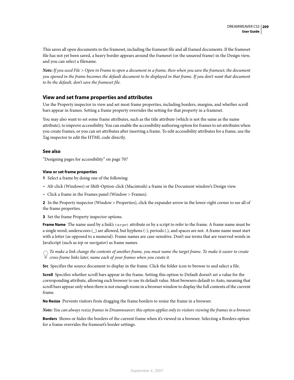 View and set frame properties and attributes | Adobe Dreamweaver CS3 User Manual | Page 216 / 738