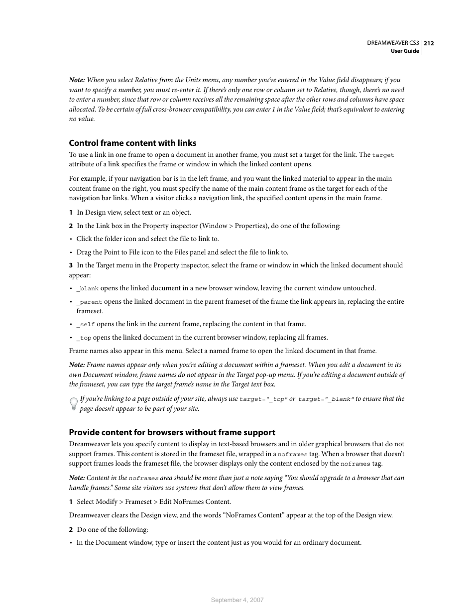 Control frame content with links, Provide content for browsers without frame support | Adobe Dreamweaver CS3 User Manual | Page 219 / 738