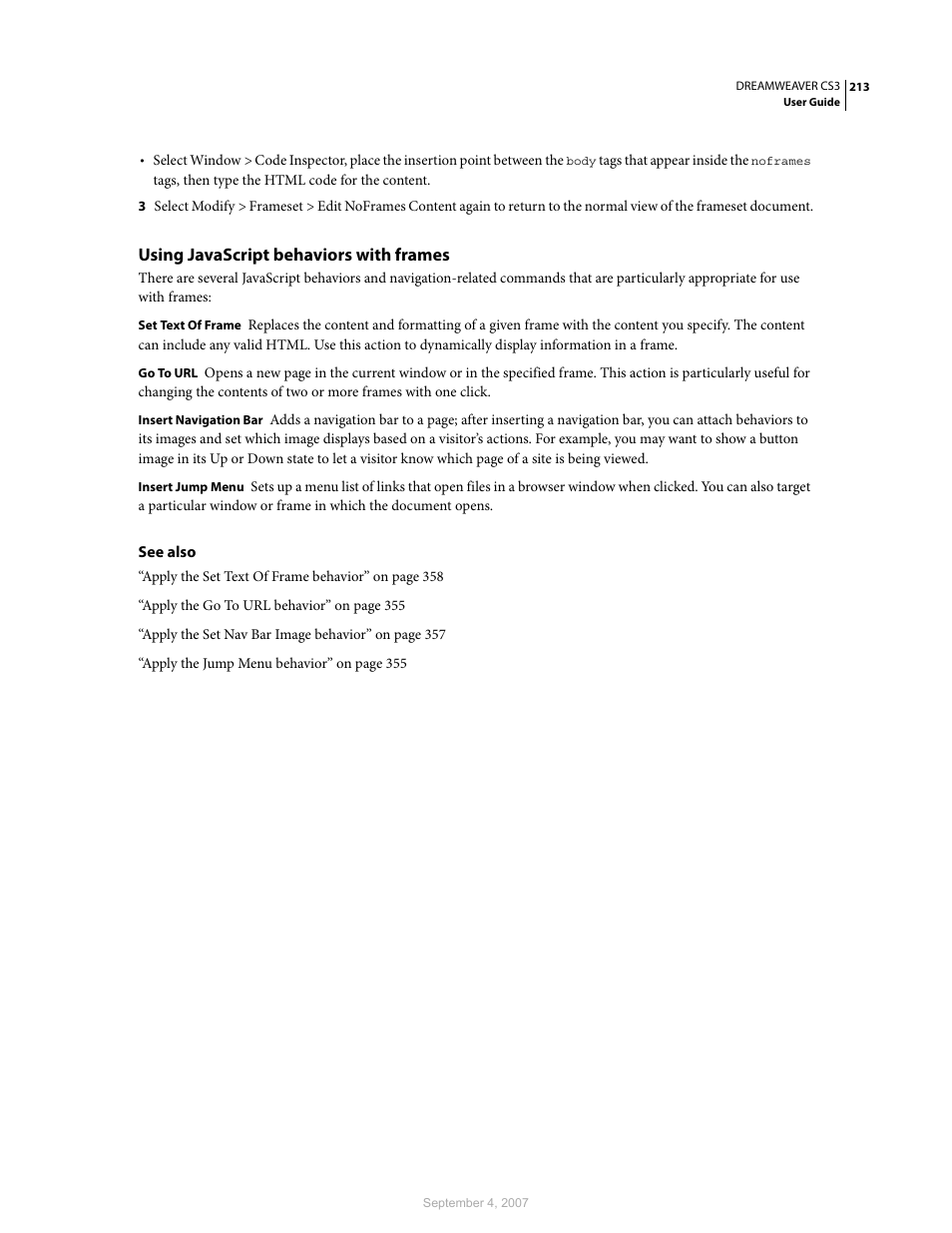 Using javascript behaviors with frames | Adobe Dreamweaver CS3 User Manual | Page 220 / 738