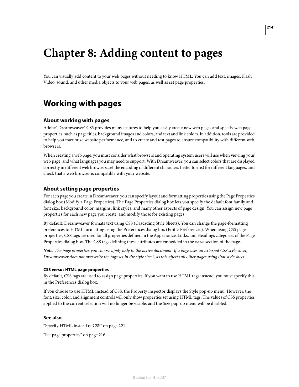 Chapter 8: adding content to pages, Working with pages | Adobe Dreamweaver CS3 User Manual | Page 221 / 738
