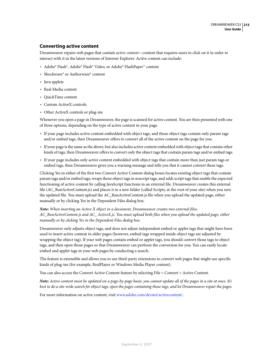 Converting active content | Adobe Dreamweaver CS3 User Manual | Page 222 / 738