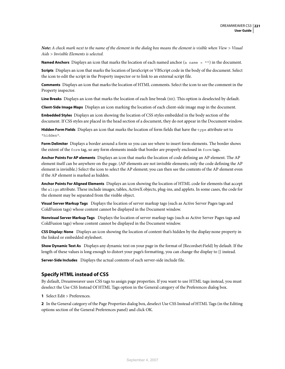 Specify html instead of css | Adobe Dreamweaver CS3 User Manual | Page 228 / 738