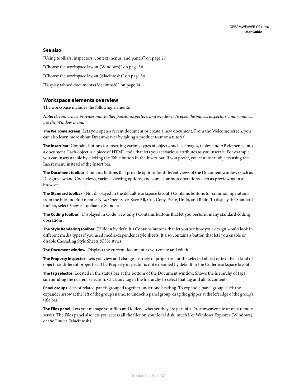 Workspace elements overview | Adobe Dreamweaver CS3 User Manual | Page 23 / 738