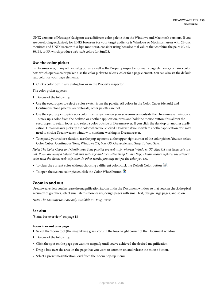 Use the color picker, Zoom in and out | Adobe Dreamweaver CS3 User Manual | Page 230 / 738