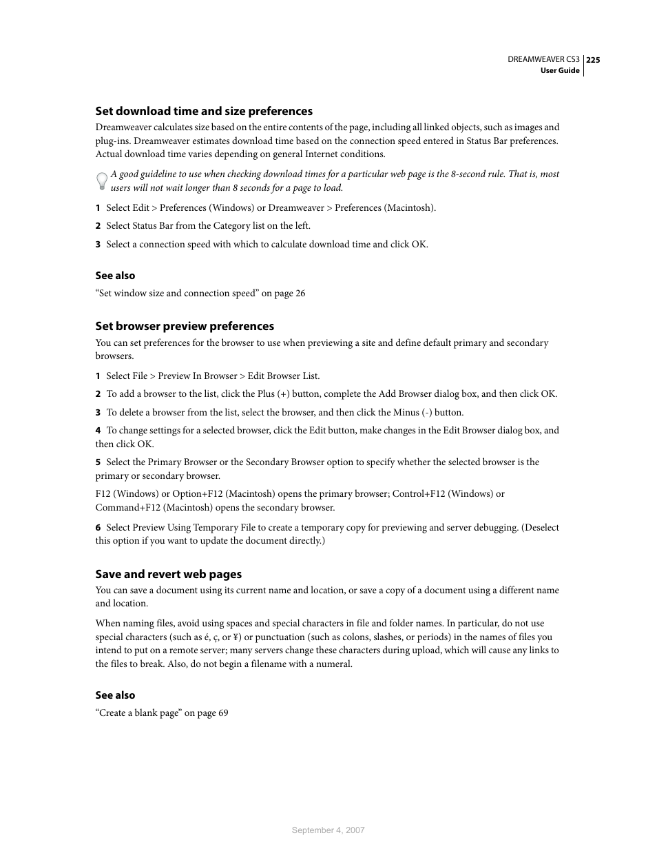 Set download time and size preferences, Set browser preview preferences | Adobe Dreamweaver CS3 User Manual | Page 232 / 738