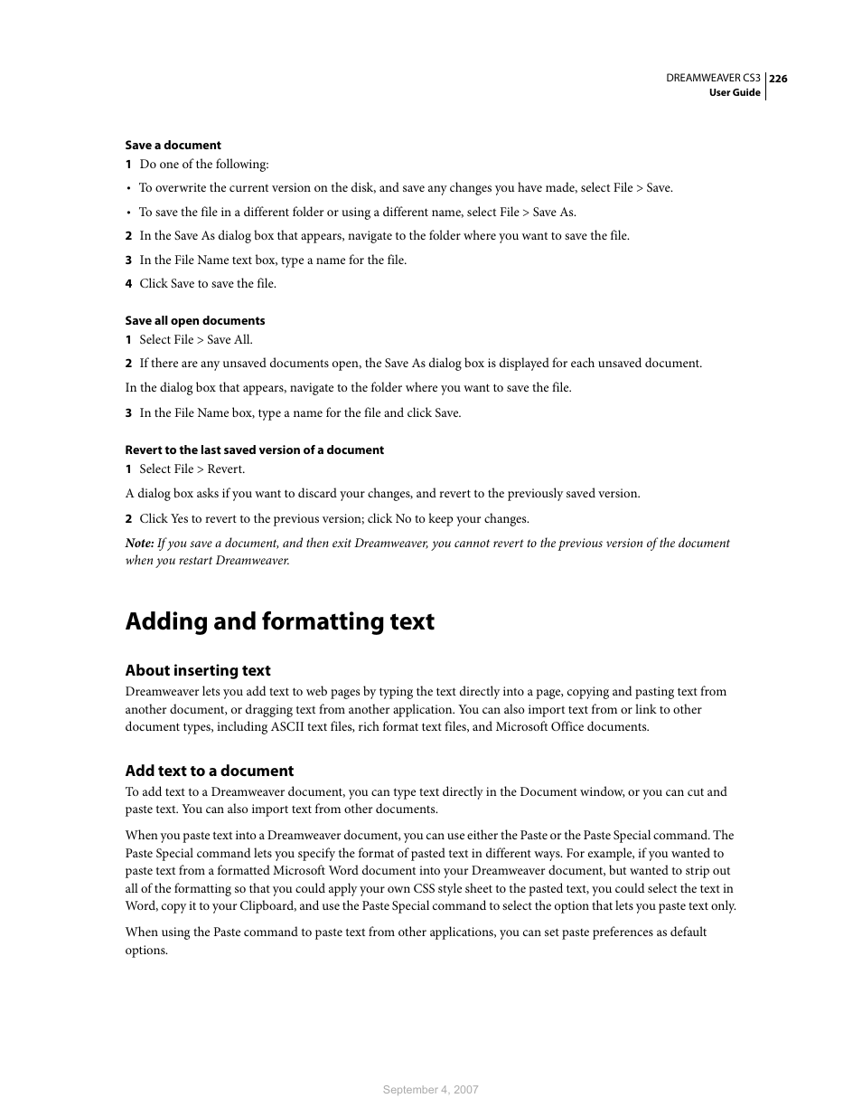 Adding and formatting text, About inserting text, Add text to a document | Adobe Dreamweaver CS3 User Manual | Page 233 / 738