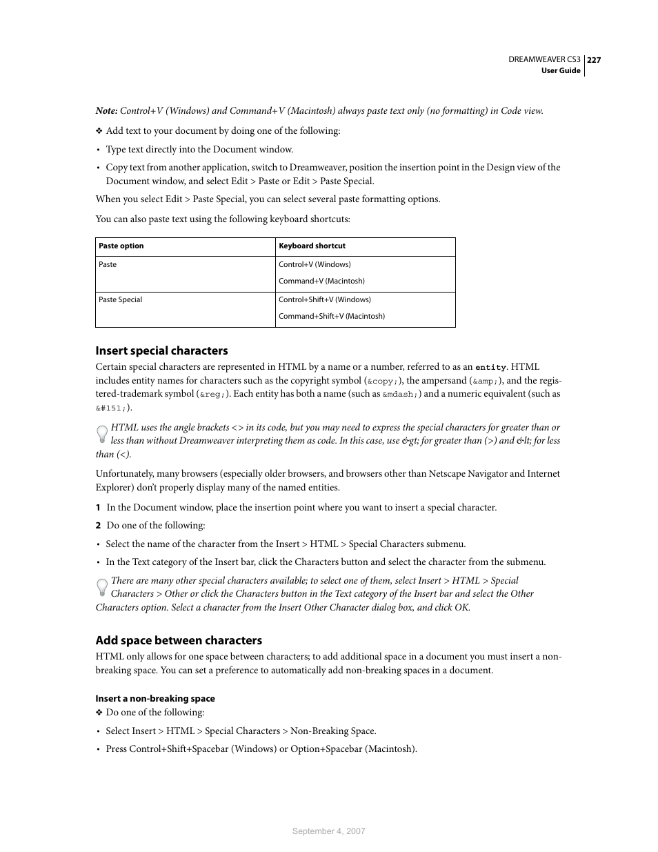 Insert special characters, Add space between characters | Adobe Dreamweaver CS3 User Manual | Page 234 / 738