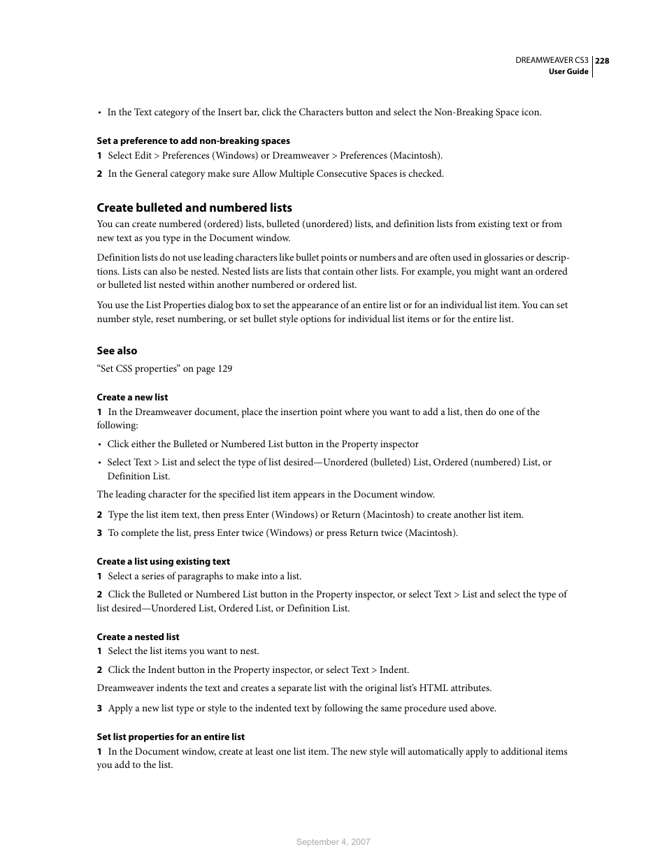 Create bulleted and numbered lists | Adobe Dreamweaver CS3 User Manual | Page 235 / 738