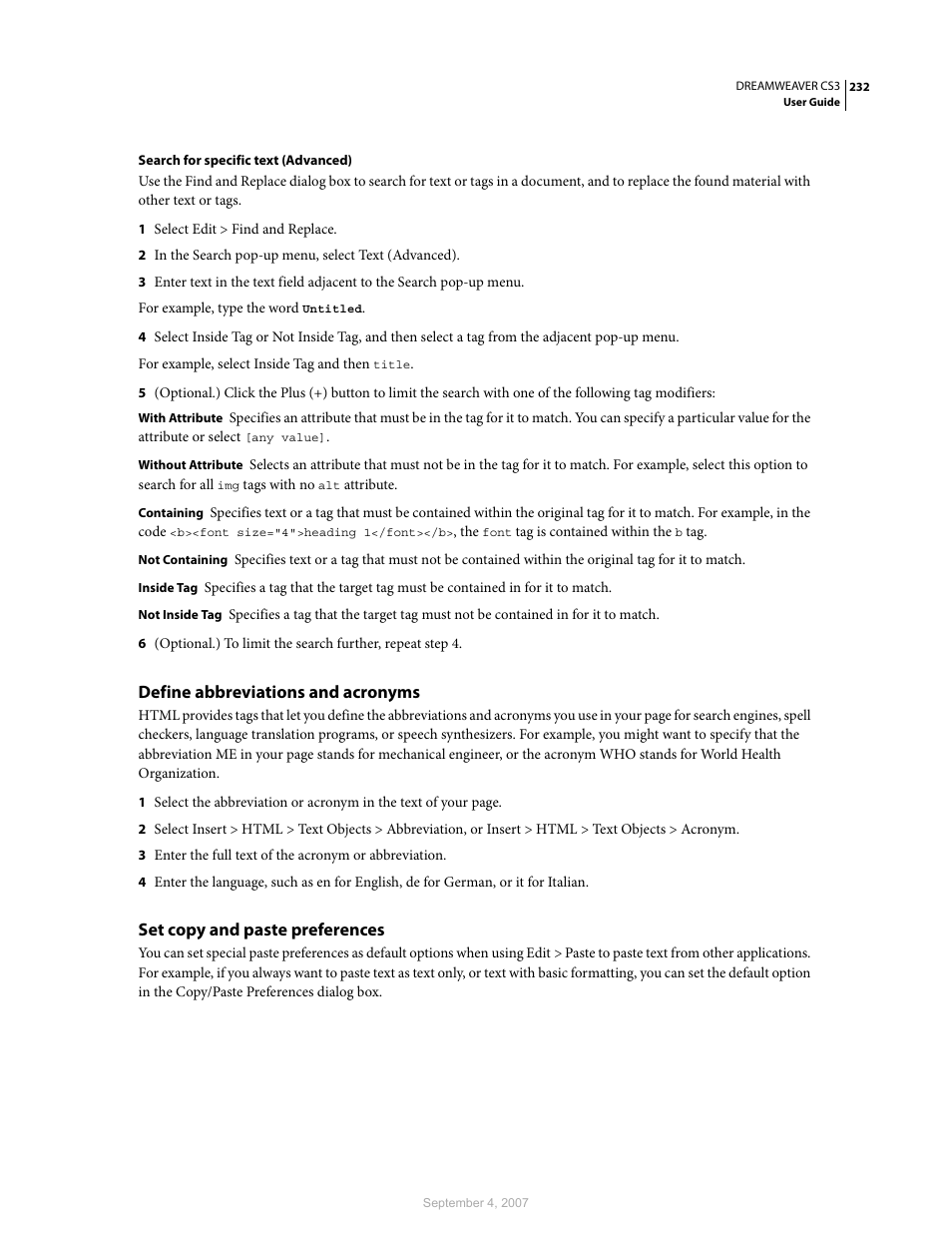 Define abbreviations and acronyms, Set copy and paste preferences | Adobe Dreamweaver CS3 User Manual | Page 239 / 738