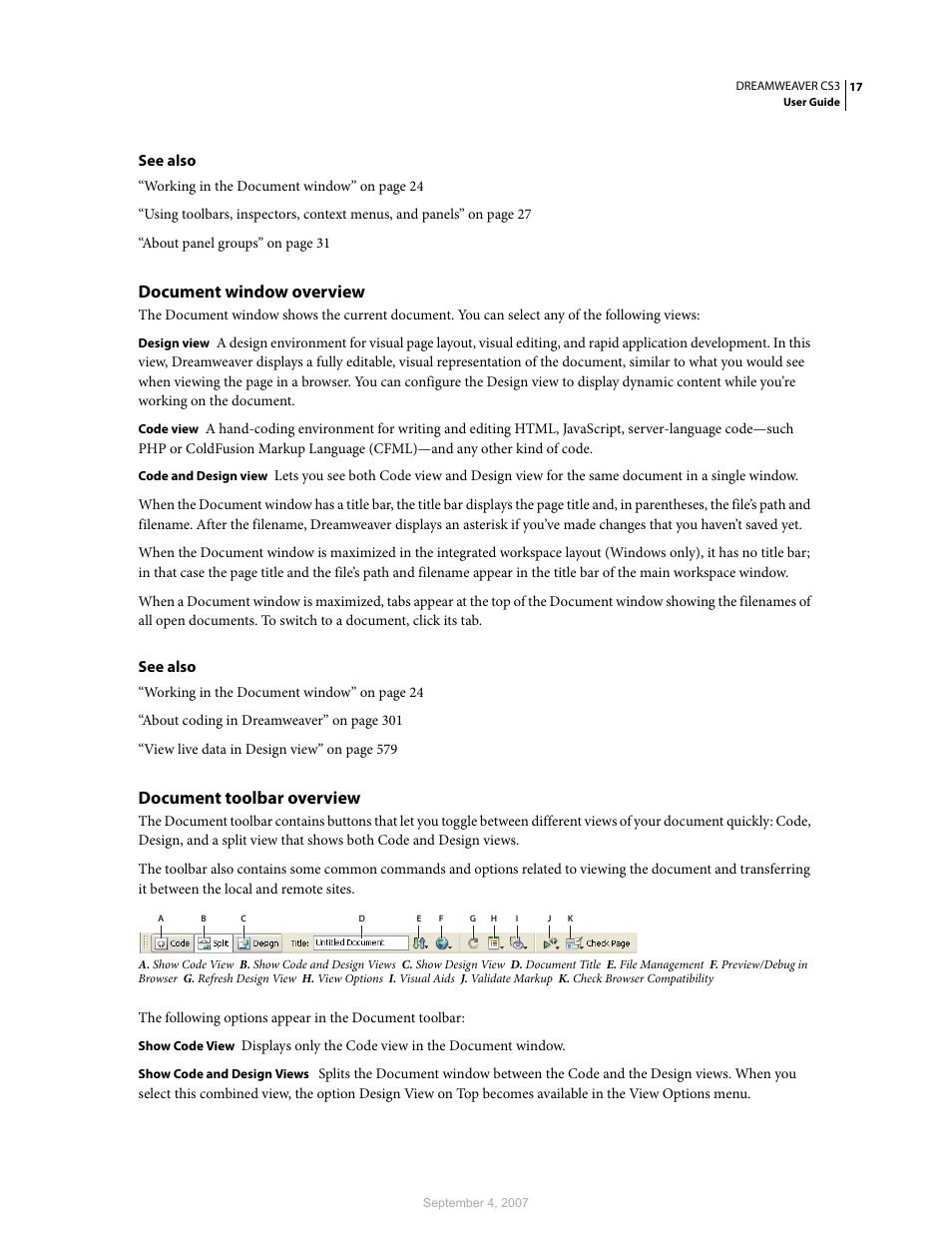 Document window overview, Document toolbar overview | Adobe Dreamweaver CS3 User Manual | Page 24 / 738