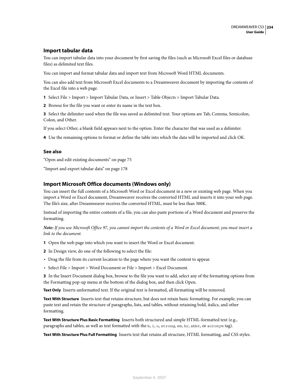 Import tabular data, Import microsoft office documents (windows only) | Adobe Dreamweaver CS3 User Manual | Page 241 / 738