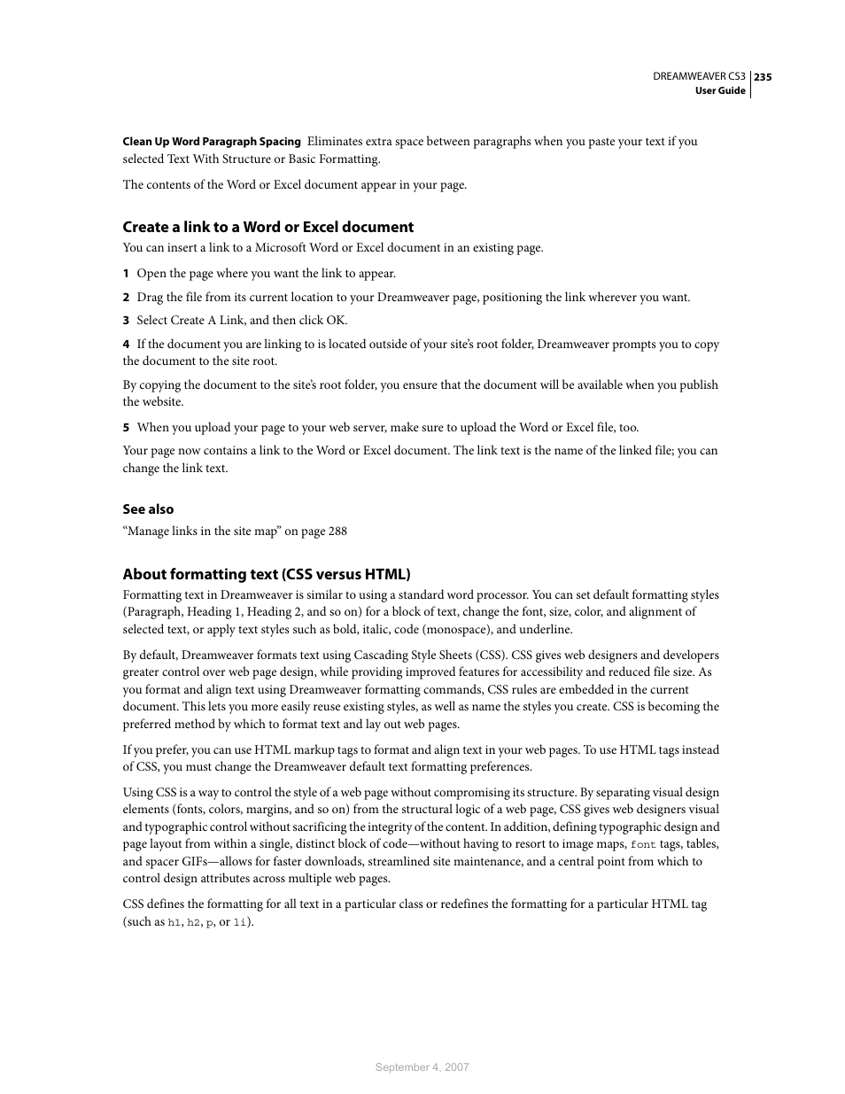 Create a link to a word or excel document, About formatting text (css versus html) | Adobe Dreamweaver CS3 User Manual | Page 242 / 738