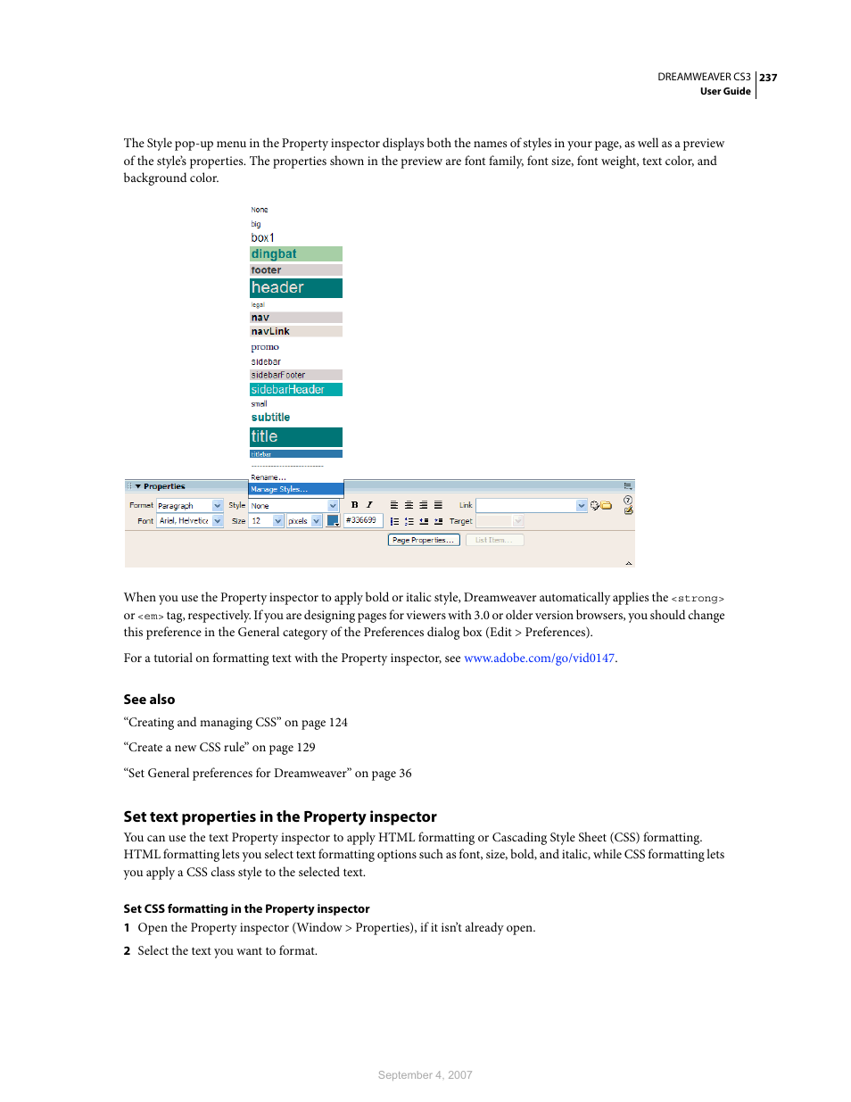 Set text properties in the property inspector | Adobe Dreamweaver CS3 User Manual | Page 244 / 738