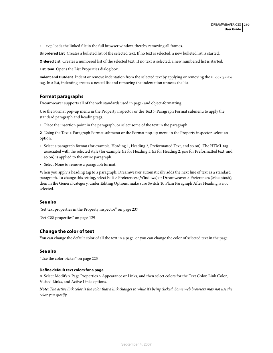 Format paragraphs, Change the color of text | Adobe Dreamweaver CS3 User Manual | Page 246 / 738