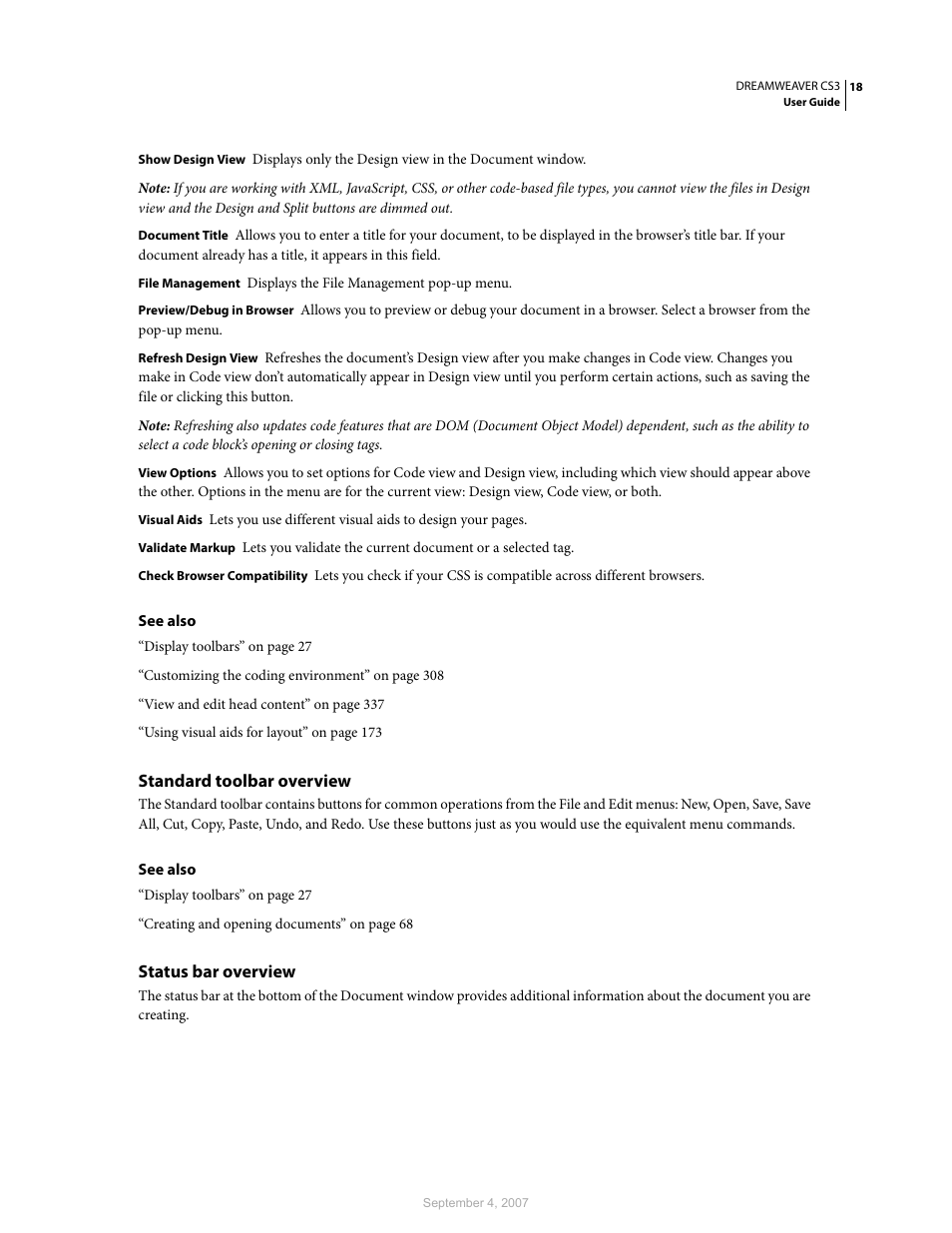 Standard toolbar overview, Status bar overview | Adobe Dreamweaver CS3 User Manual | Page 25 / 738