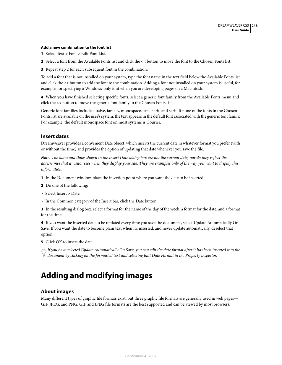 Insert dates, Adding and modifying images, About images | Adobe Dreamweaver CS3 User Manual | Page 250 / 738