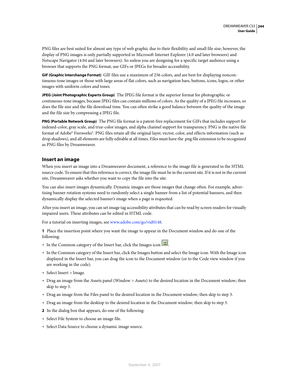 Insert an image | Adobe Dreamweaver CS3 User Manual | Page 251 / 738