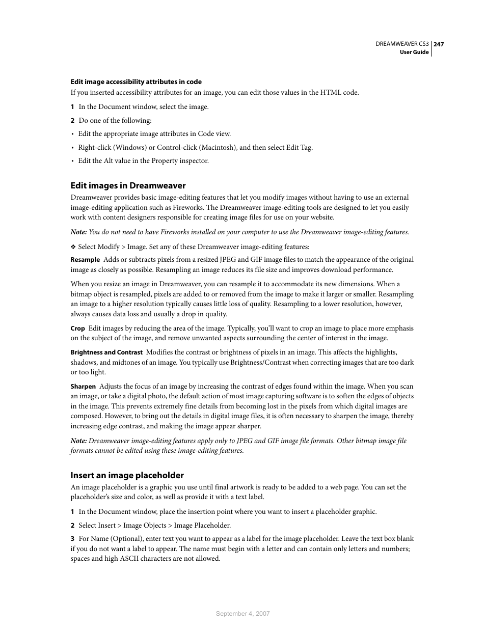 Edit images in dreamweaver, Insert an image placeholder | Adobe Dreamweaver CS3 User Manual | Page 254 / 738