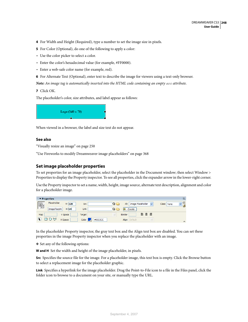 Set image placeholder properties | Adobe Dreamweaver CS3 User Manual | Page 255 / 738