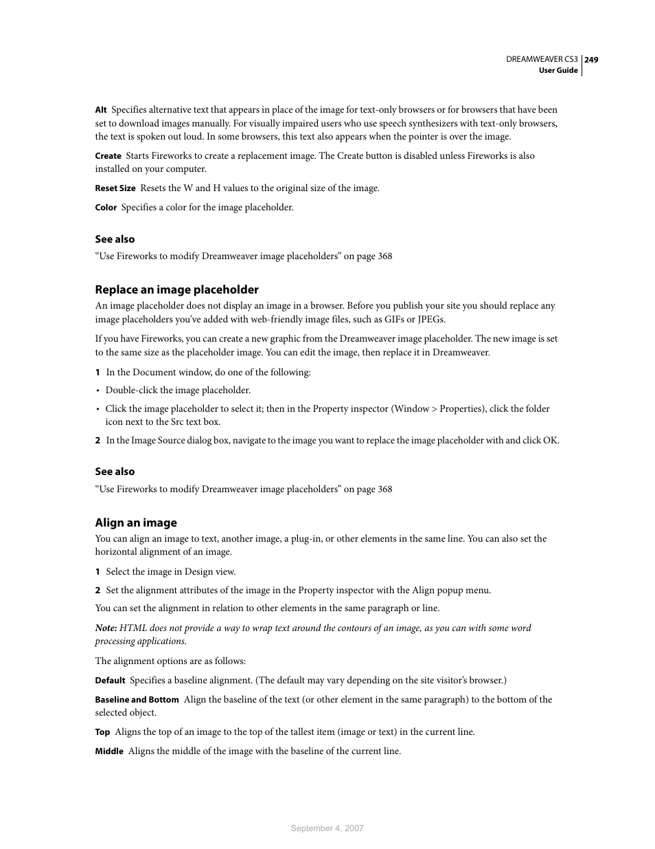 Replace an image placeholder, Align an image | Adobe Dreamweaver CS3 User Manual | Page 256 / 738