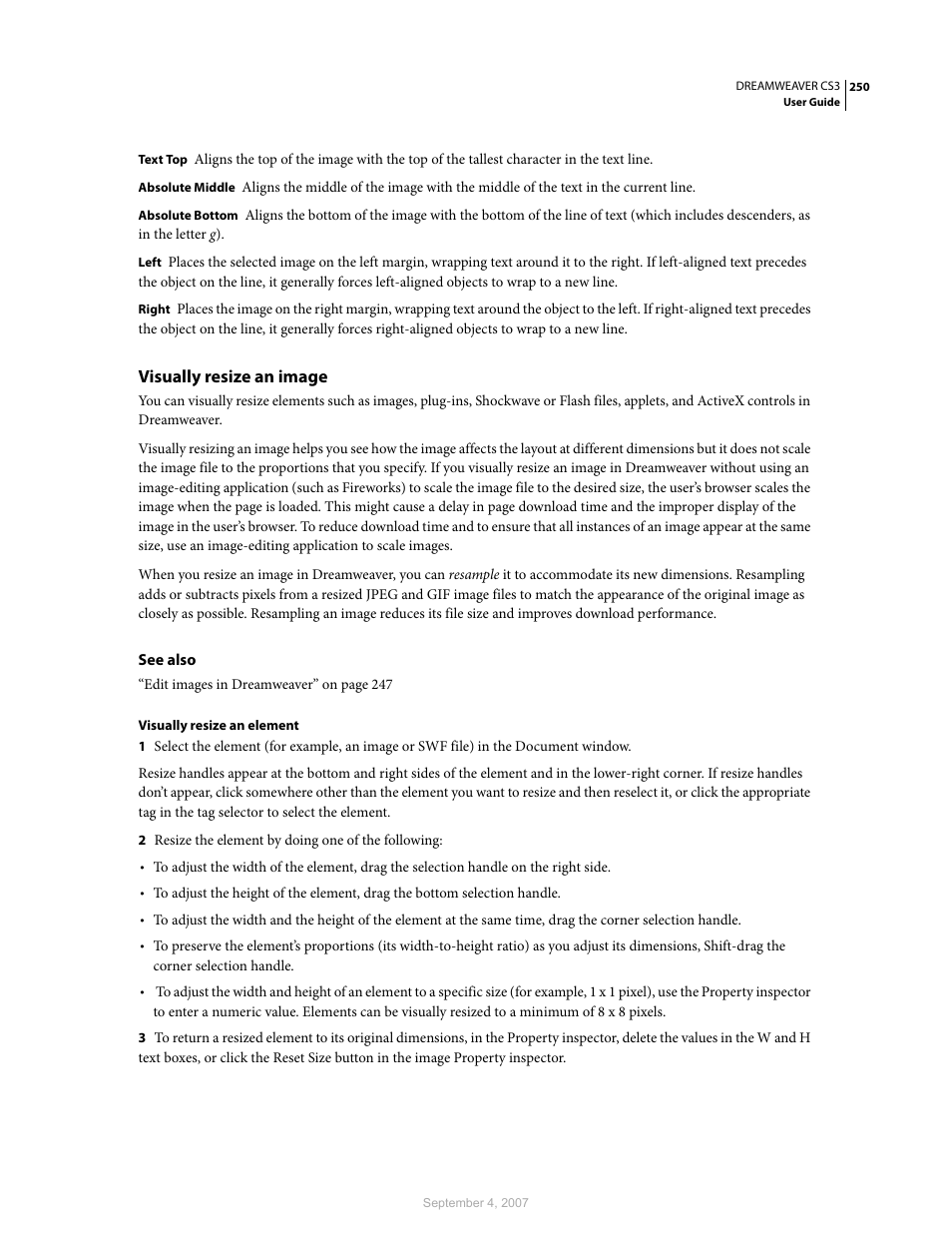 Visually resize an image | Adobe Dreamweaver CS3 User Manual | Page 257 / 738