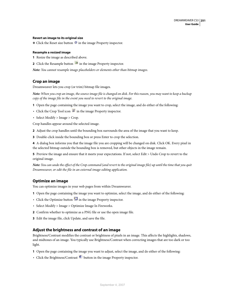 Crop an image, Optimize an image, Adjust the brightness and contrast of an image | Adobe Dreamweaver CS3 User Manual | Page 258 / 738