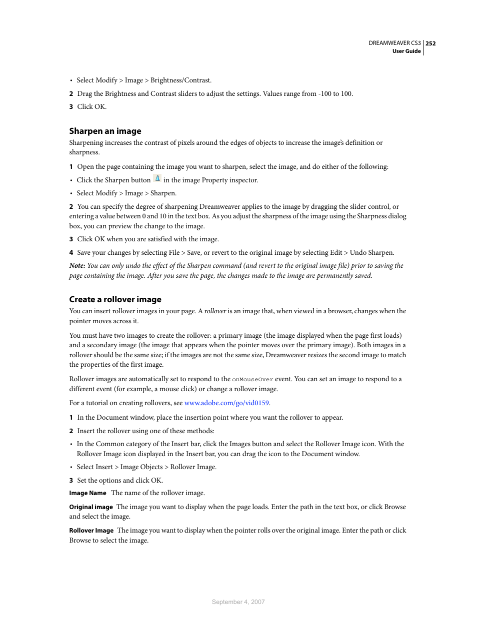 Sharpen an image, Create a rollover image | Adobe Dreamweaver CS3 User Manual | Page 259 / 738