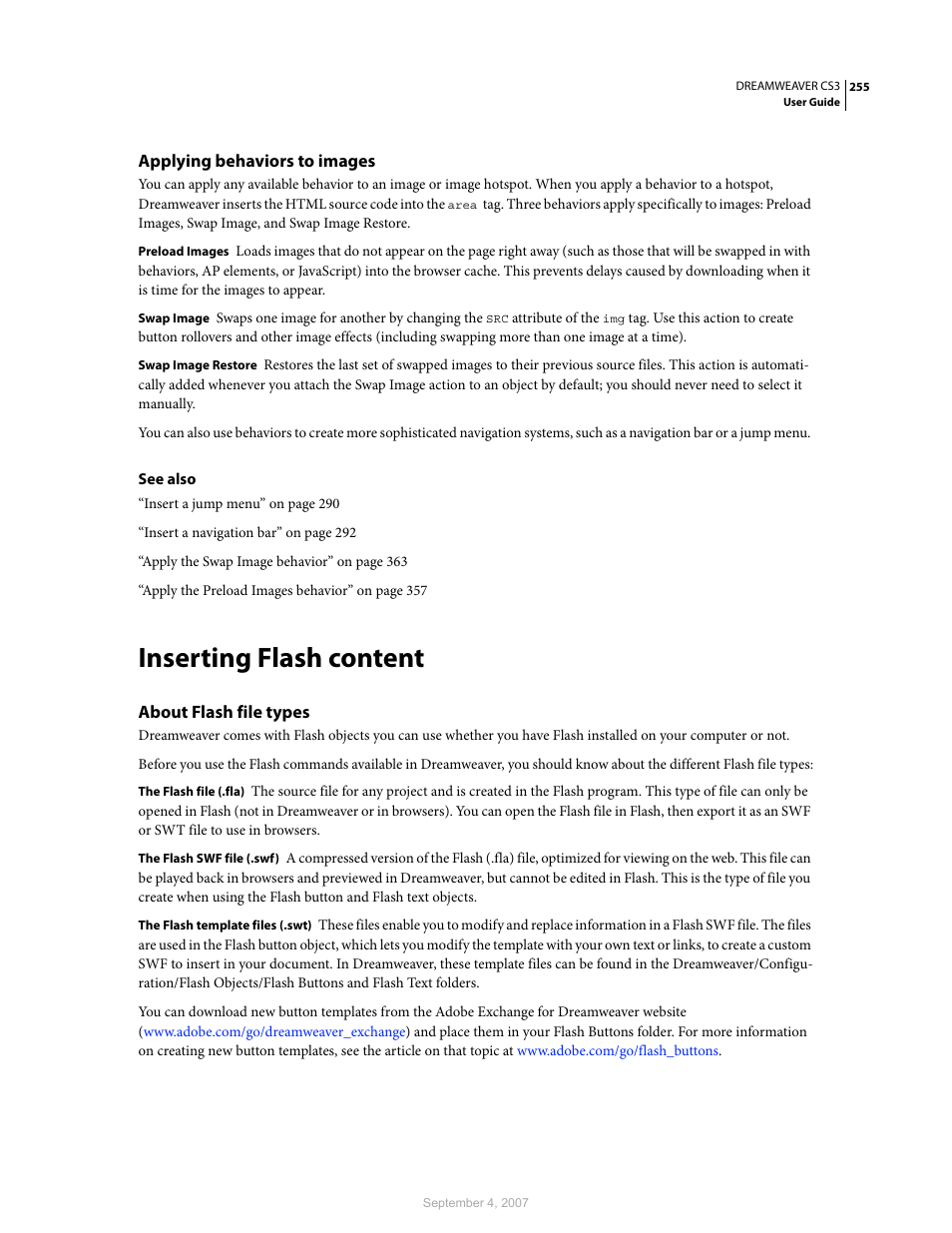 Applying behaviors to images, Inserting flash content, About flash file types | Adobe Dreamweaver CS3 User Manual | Page 262 / 738