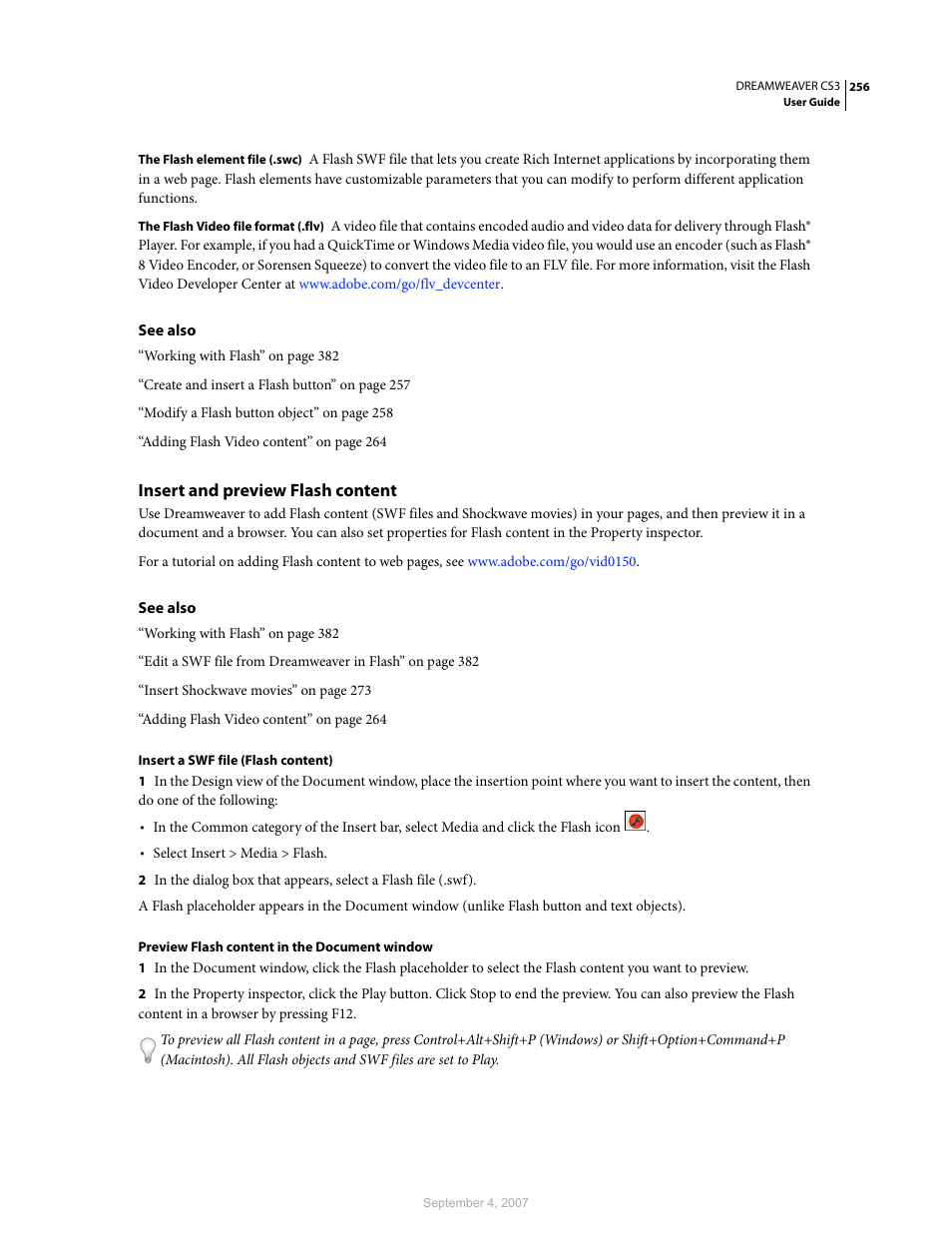 Insert and preview flash content | Adobe Dreamweaver CS3 User Manual | Page 263 / 738