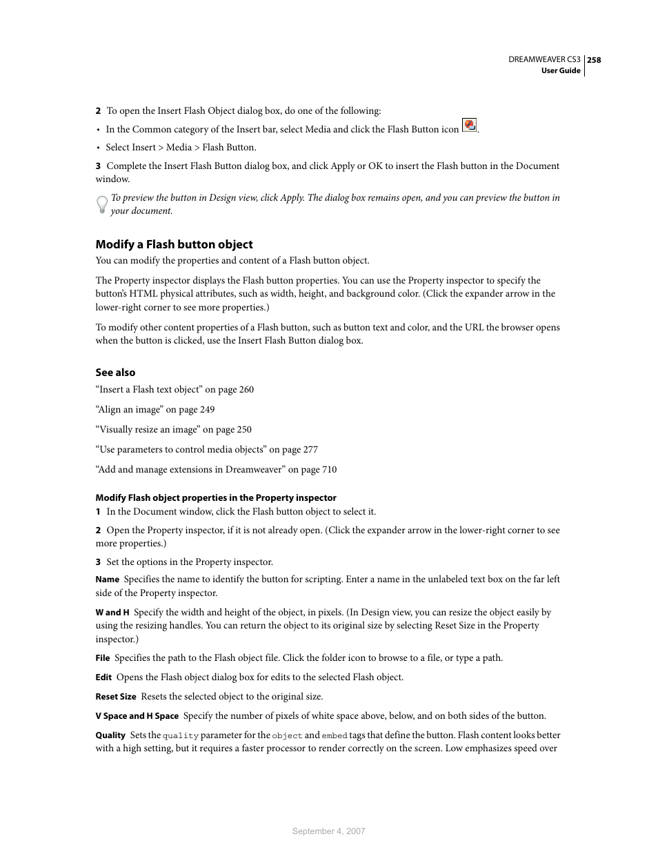 Modify a flash button object | Adobe Dreamweaver CS3 User Manual | Page 265 / 738