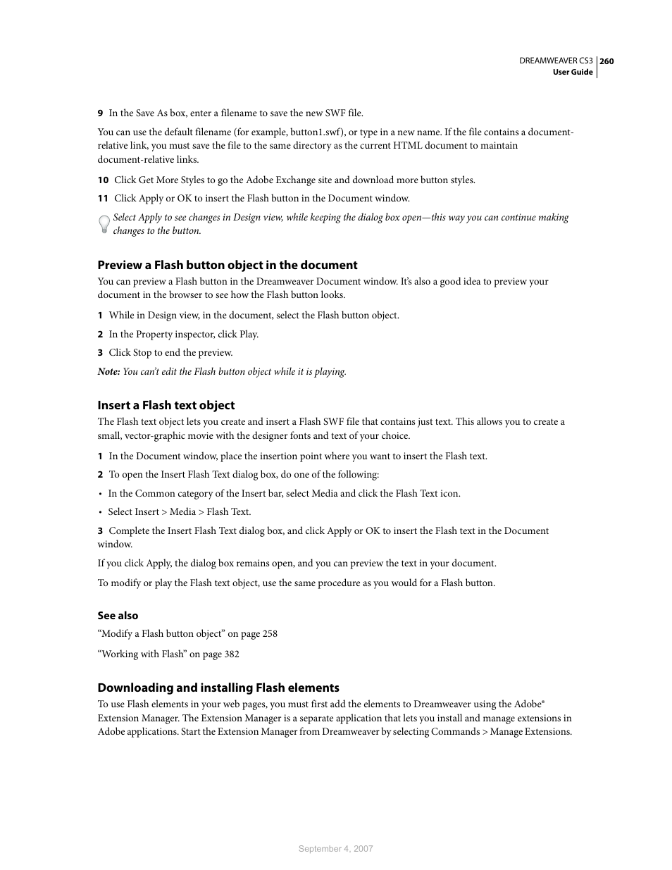 Preview a flash button object in the document, Insert a flash text object, Downloading and installing flash elements | Adobe Dreamweaver CS3 User Manual | Page 267 / 738