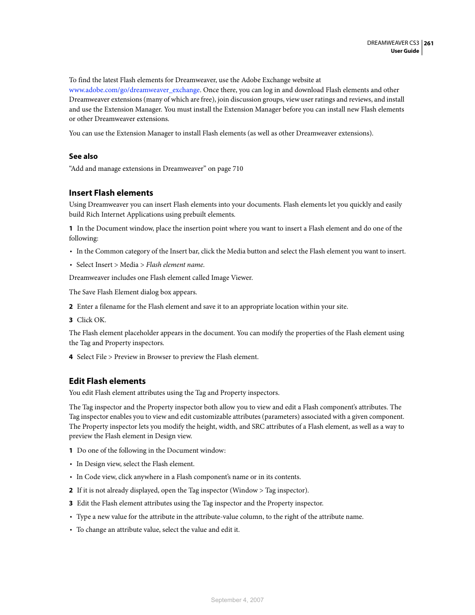 Insert flash elements, Edit flash elements | Adobe Dreamweaver CS3 User Manual | Page 268 / 738