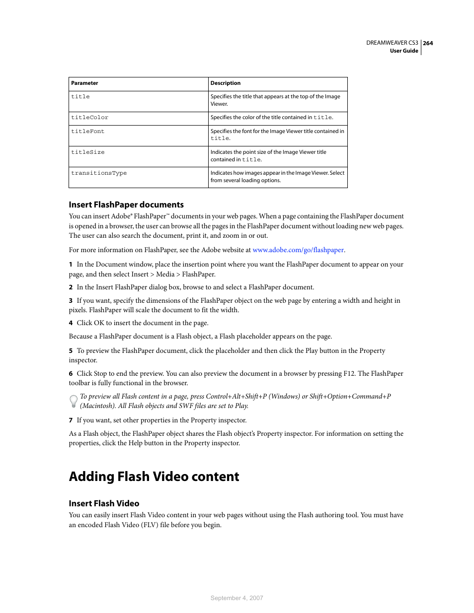 Insert flashpaper documents, Adding flash video content, Insert flash video | Adobe Dreamweaver CS3 User Manual | Page 271 / 738