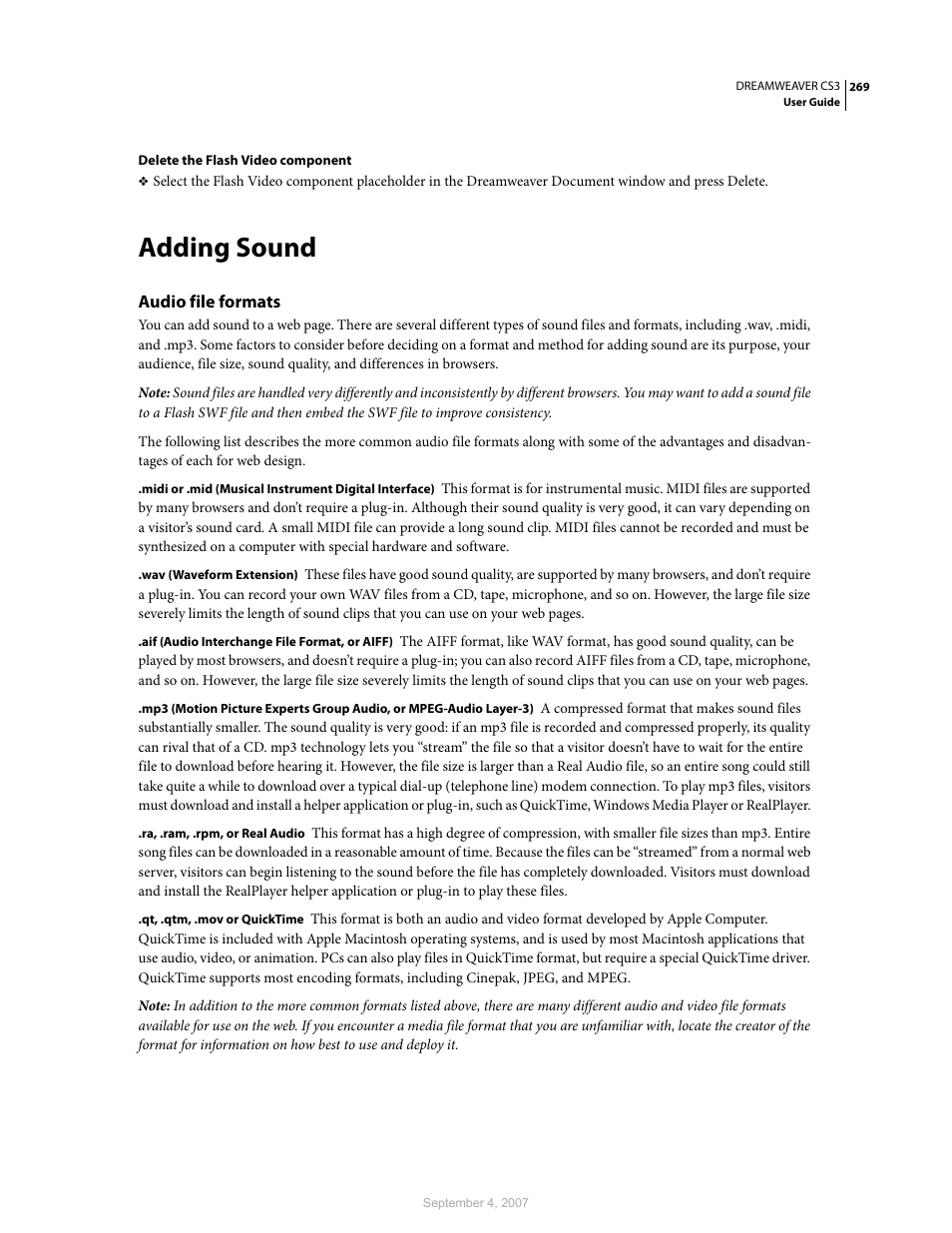 Adding sound, Audio file formats | Adobe Dreamweaver CS3 User Manual | Page 276 / 738