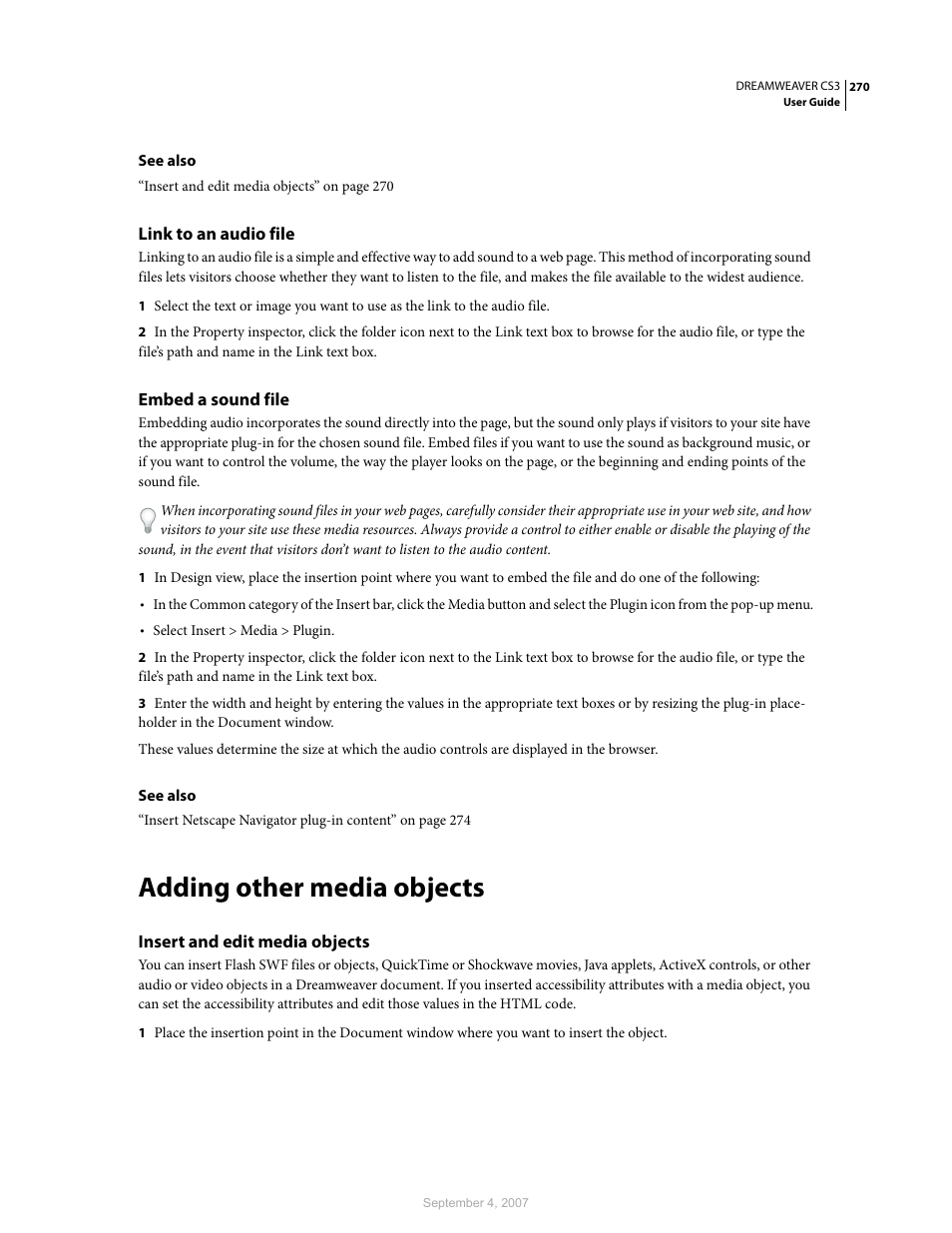 Link to an audio file, Embed a sound file, Adding other media objects | Insert and edit media objects | Adobe Dreamweaver CS3 User Manual | Page 277 / 738